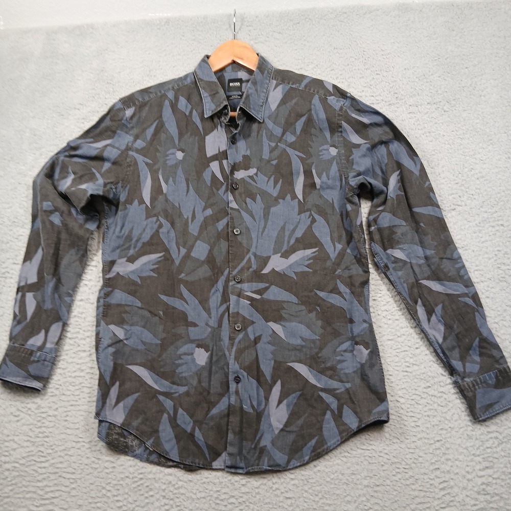 Hugo Boss Slim Fit Shirt Men's L Gray Blue Floral Print Linen Cotton Long Sleeve